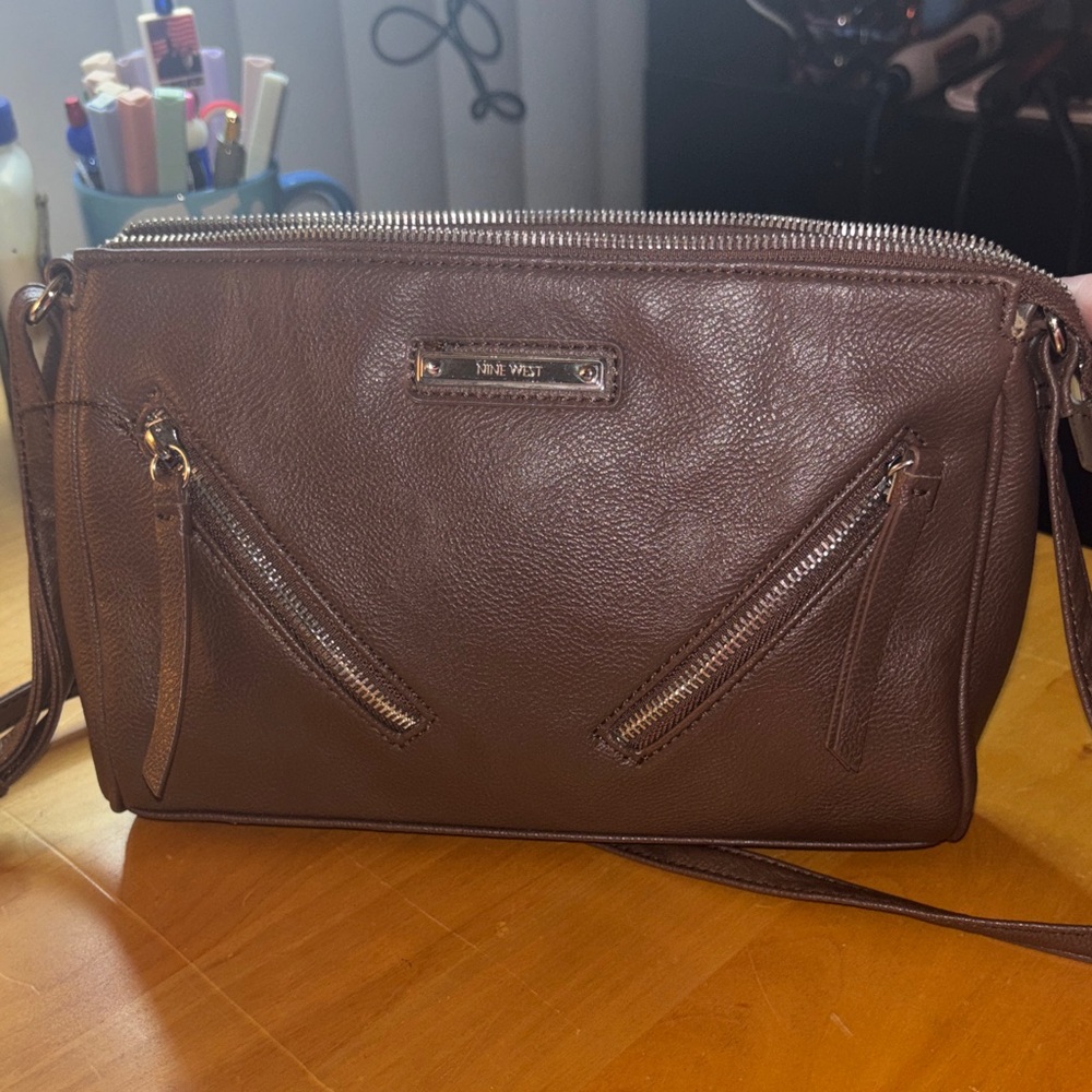Nine West Brown Pebbled Leather Shoulder Bag Silver Hardware - Picture 2 of 4
